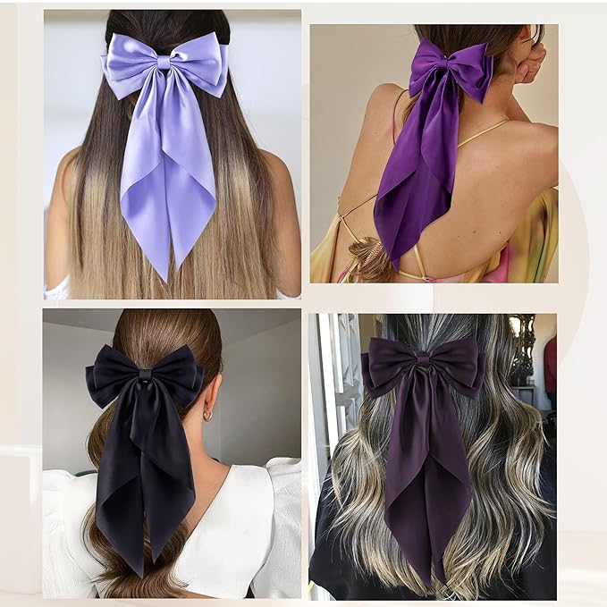 6Pcs Large Bows Hair Clips for Women Girls Long Tail Hair Ribbon Silky Satin Barrettes Coquette Bows Accessories (Black/Purple/Purplered)