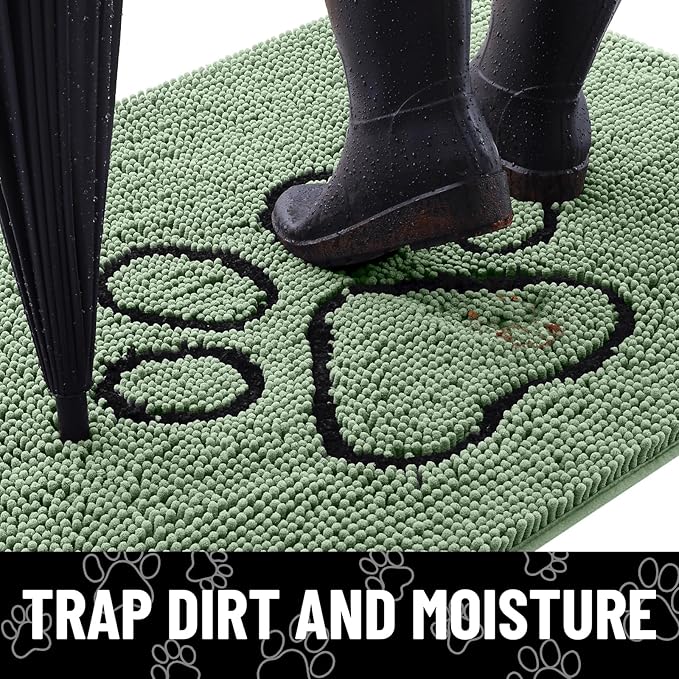 Smiry Dog Door Mat for Muddy Paws, Absorbent Dirt Trapper Non Slip Quick Dry Washable Chenille Mat for Mud Dogs, Entry Rug for Indoor and Outdoor (36x24 Inches, Olive Green and Black)