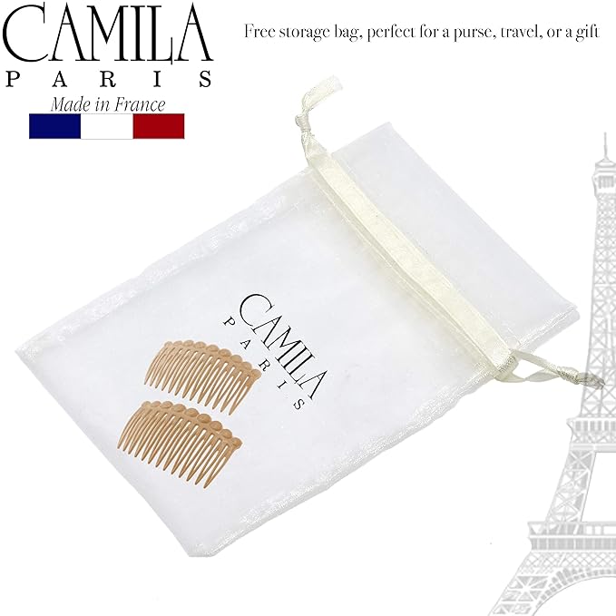Camila Paris CP2892/2 French Hair Side Comb Small Rounded, Beige French Twist Hair Combs Decorative, Strong Hold Hair Clips for Women Bun Chignon Up-Do Styling Girls Hair Accessories, Made in France