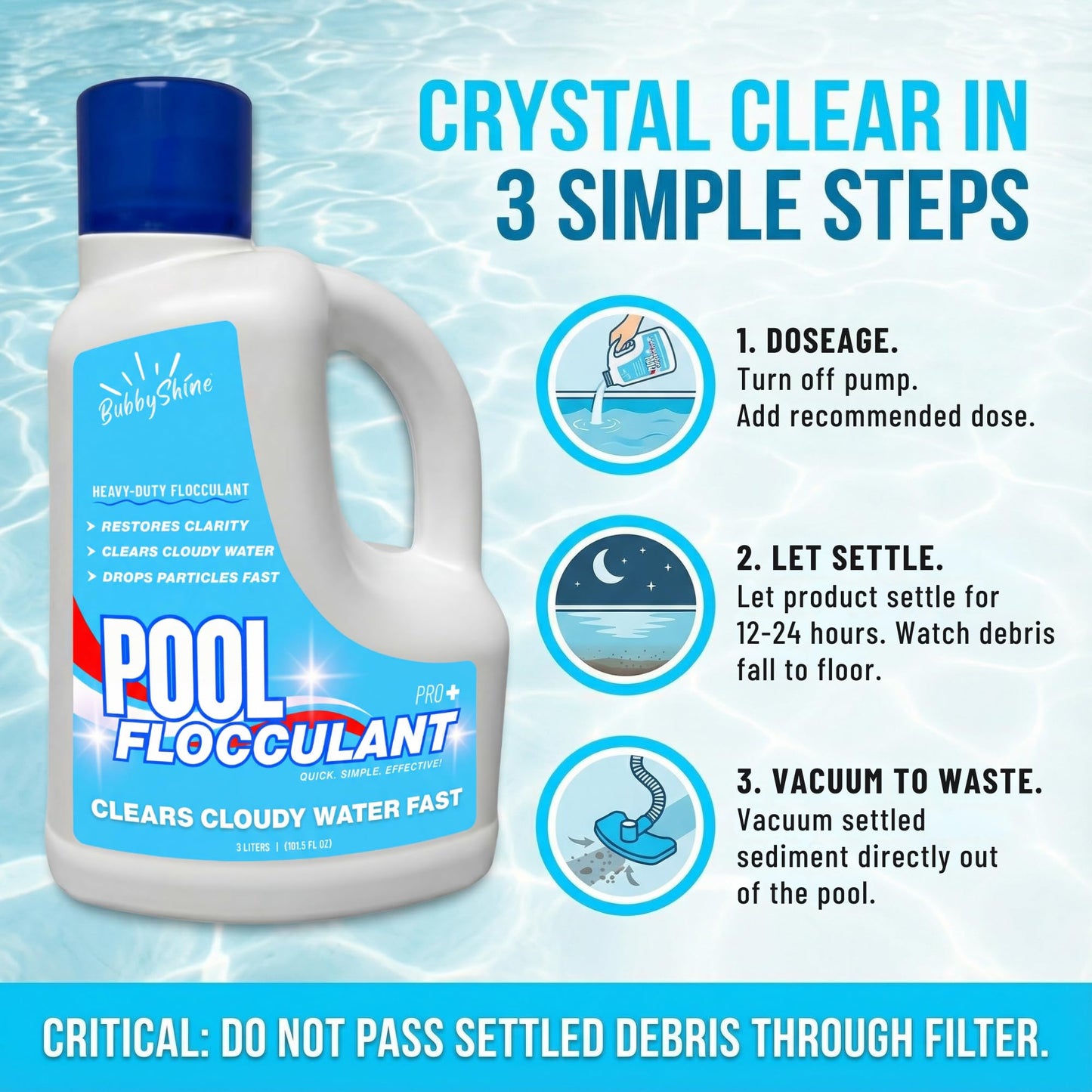 Pool Flocculant Clarifier – 3 L (101.5 fl oz) – Heavy-Duty Pool Clarifier, Drop & Vac Cloudy Water Treatment, Particle Settling Support, Inground & Above Ground Compatible – BubbyShine