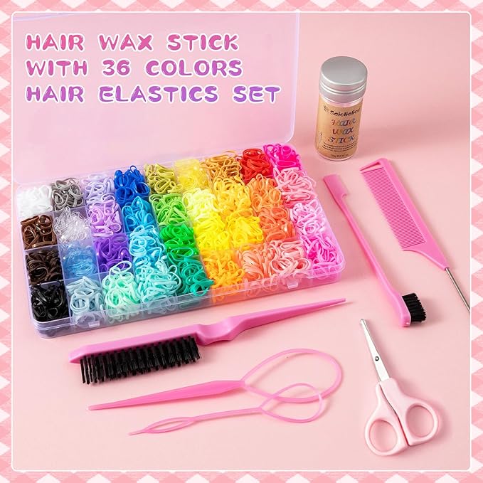Hair Styling Kit with Hair Wax Stick, 2100 Pcs 36 Colors Hair Elastics, 1 Pink Scissors, 5 Pcs Styling Comb & Hair Tool Set, Transparent Storage Box