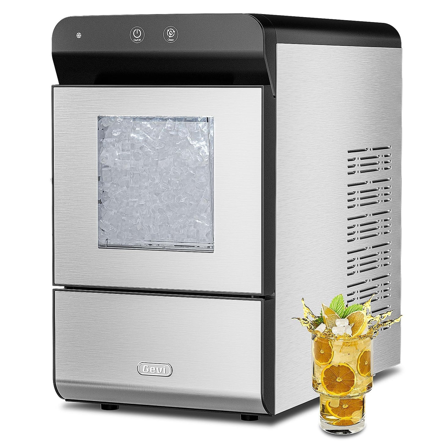 Gevi V2.0 Countertop Gemi Nugget Ice Maker with Viewing Window | Self-Cleaning Pebble Ice Machine | Open and Pour Water Refill | Stainless Steel Housing | 16.7''H Fits Under Wall
