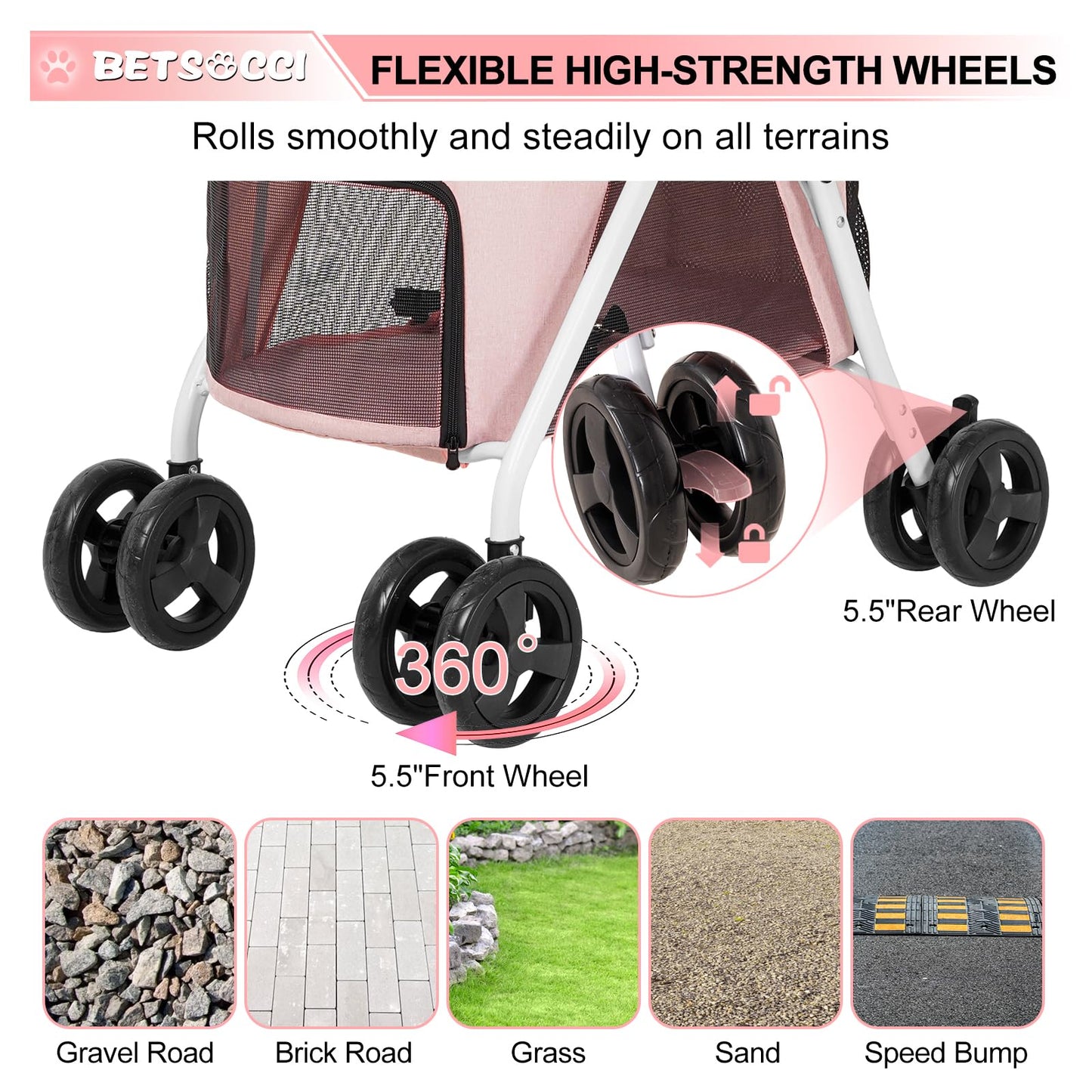 BETSOCCI Double Dog Stroller with 2 Detachable Carrier, Portable Pet Stroller for Small Dogs & Cats Folding Lightweight Puppy Travel Carriage, 4 Wheels, Pink