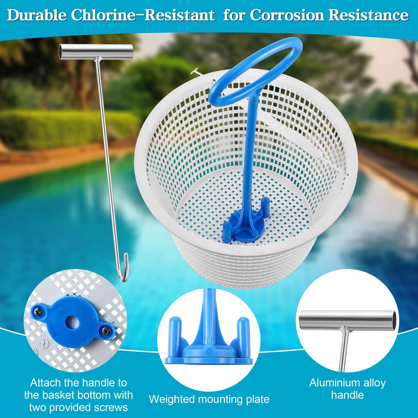 2 Set 8" Pool Skimmer Basket for Inground Pool with 2 Skimmer Baskets Handle and 1 Stainless Steel Hook, White Universal Pools Filter Basket Skimmers for Debris Removal, Keep Hands Clean