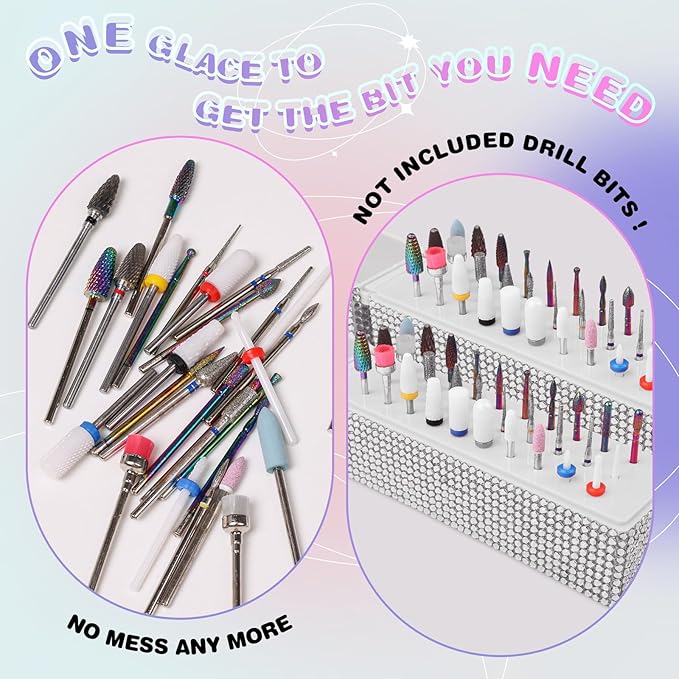 Nail Drill Bits Holder Box: 30 Holes Rhinestone Drill bit Holder Nail tech for Nail Drill bits Storage Dustproof Stand Displayer Organizer Case for Manicure Tools(Drill bits not Included) (Silver)