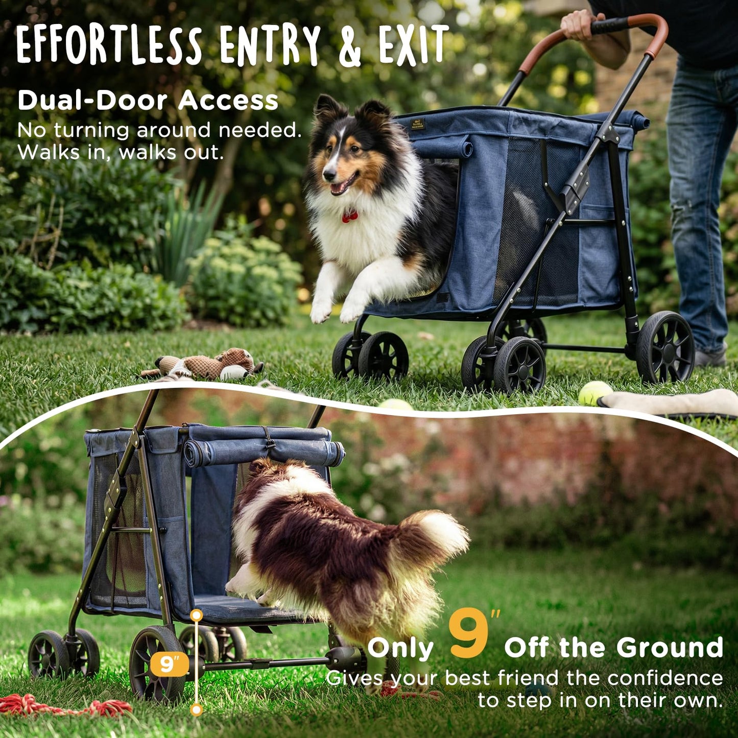 CANINE CANYON Scout Pet Stroller, Heavy Duty Dog Stroller for Large/Medium Dogs, Foldable Pet Stroller for 2 Small Dogs with All-Terrain Wheels, Storage Pocket & Cup Holder, 55 lbs Capacity, Navy Blue