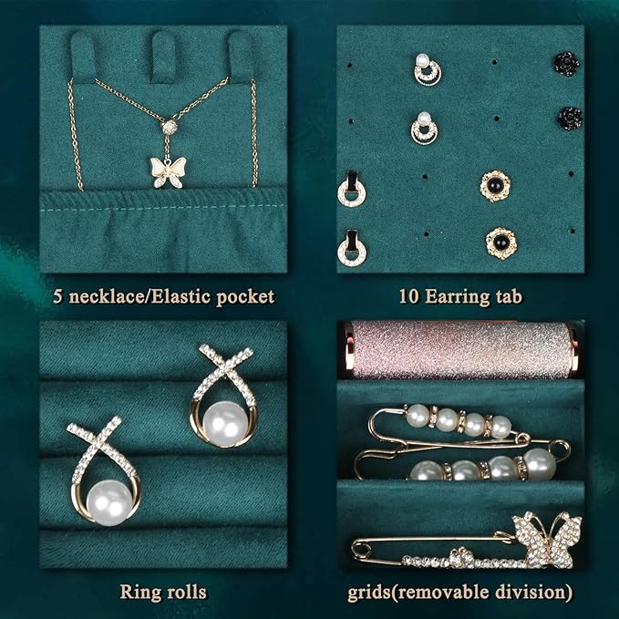 Hatori Travel Jewelry Box, PU Leather Small Jewelry Organizer for Women Girls, Portable Mini Travel Case Display Storage Holder Boxes for Stud Earrings, Rings, Necklaces, Bracelets (Ink Green)