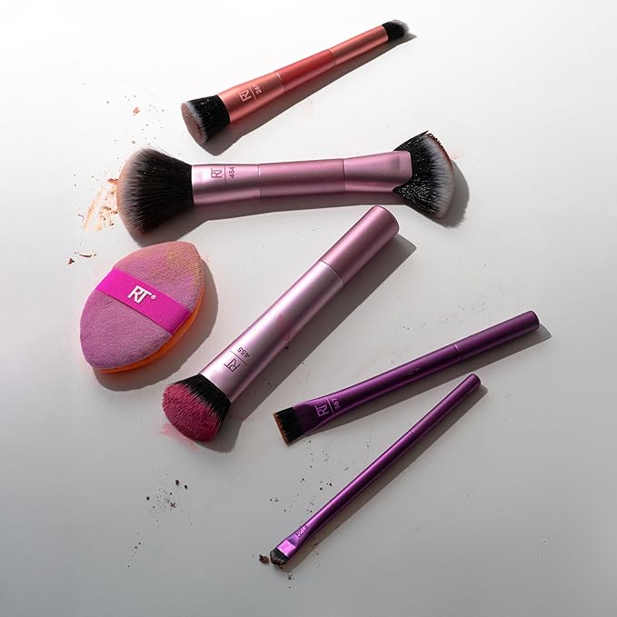 Real Techniques Big Blends Energy Brush + Dual-Sided Puff Kit, 6 Piece Face Makeup Brush & Puff Set for Foundation, Concealer, Powder & Blush, Travel Friendly, Cruelty-Free & Vegan