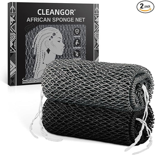 Cleangor 2Pcs African Net Sponge Authentic with Knots - Exfoliating Body Scrubber for All Skin Types, African Bath Sponge, Wash Cloth, Gentle Exfoliation Shower Rag for Women Daily Use (Black & Slate)