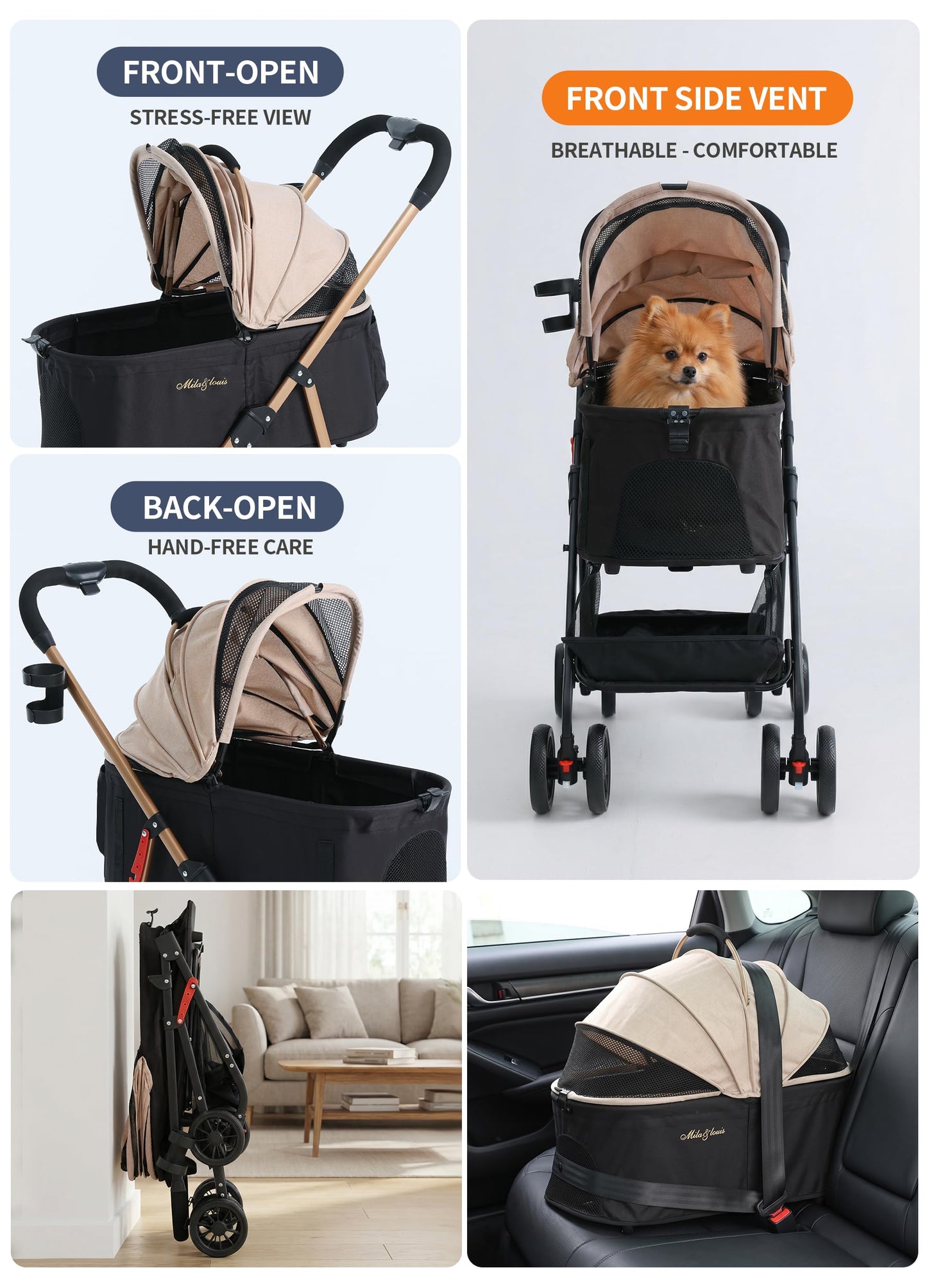 MILA&LOUIS Dog Stroller Pet Stroller for Medium Dogs Durable PU 4-Wheel Dog Strollers for Small Dogs Lightweight Foldable Dog and Cat Stroller Dog Stroller for Dog 55 Lbs with Cup Holder