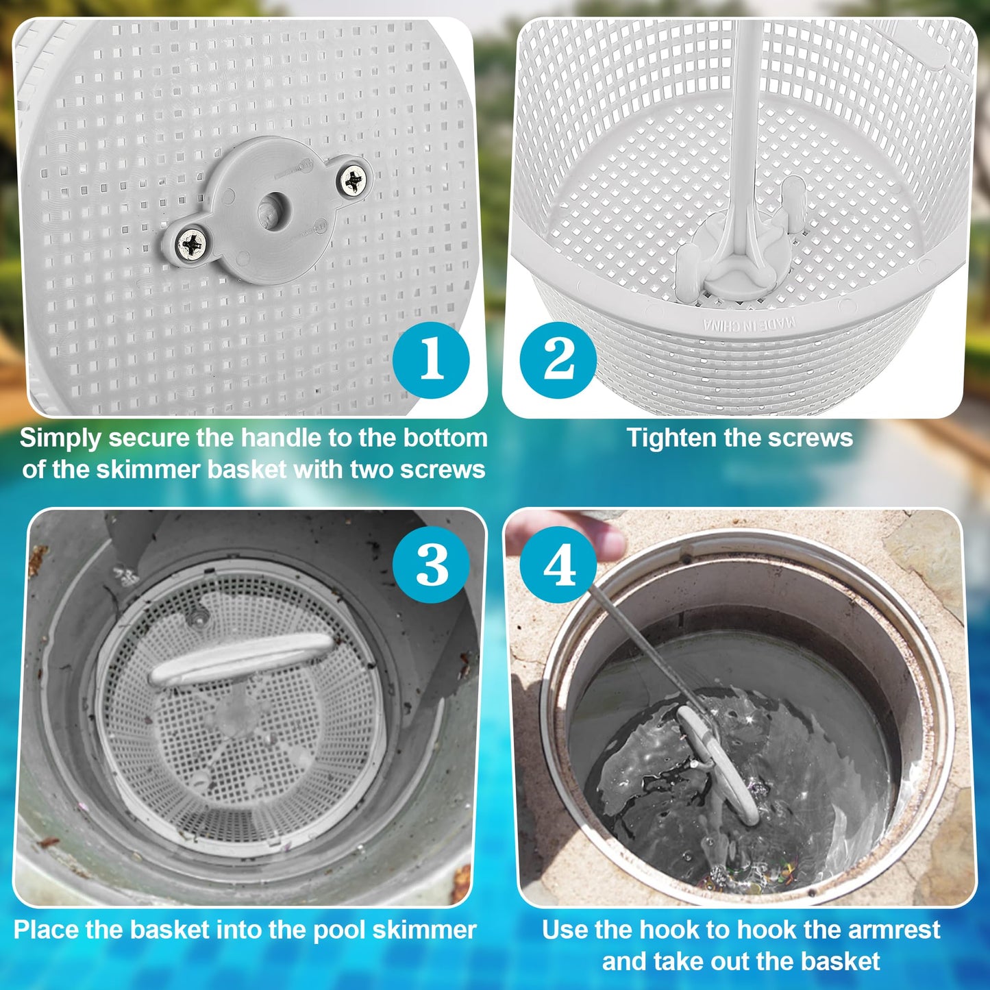 Saillong 2 Set 8" Pool Skimmer Basket for Inground Pool with 2 Skimmer Baskets Handle and 1 Stainless Steel Hook, White Universal Pools Filter Basket Skimmers for Debris Removal, Keep Hands Clean