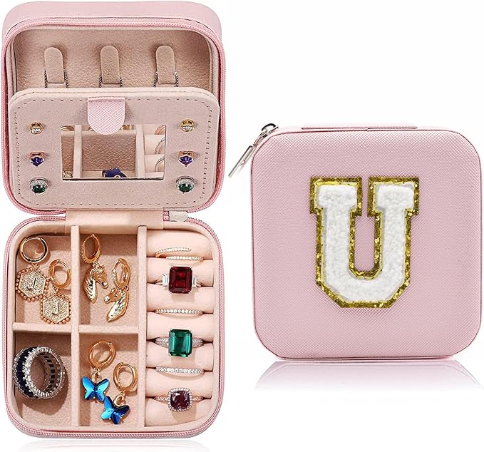 MODENGKONGJIAN Travel Jewelry Case for Women Fashion, Ring Necklace Earring Jewelry Holder Organizer Box, Small Portable Jewellery Storage, Initial U