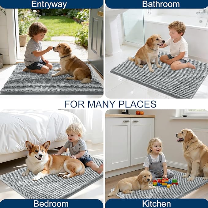 OLANLY Dog Door Mat for Muddy Paws 44x24, Ultra Absorbent Chenille Mud Doormat, Non-Slip Washable and Dirt Trapping Doormat for Indoor Entryway, Quick-Dry Indoor Pet Bed Mats for Dogs, Grey