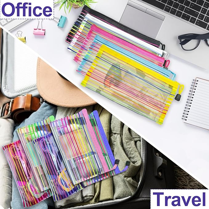 Mesh Bags with Zipper (40 Pack), Small Nylon Makeup Bag Cosmetic Pouches Travel Organizer for Purse Diaper Bag Home Organizing Striped Mix 10 Colors