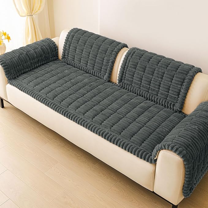 hyha Couch Covers for Dogs Washable, Non Slip Plush Dog Sofa Protectors, Fuzzy Pet Couch Covers for 3 Cushion Sofa Pet Friendly (Dark Grey, 27.6" x 47")