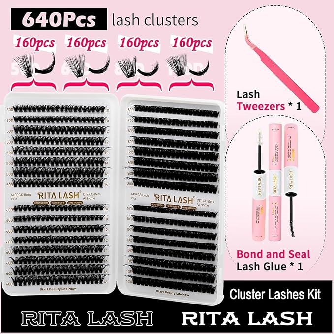 RITALASH Lash Extension Kit 50D+60D+80D+100D DIY Lash Clusters 640pcs Cluster Lashes Individual Lashes Eyelash Extension Kit with Lash Bond and Seal,Lash Tweezers(50D+60D+80D+100D Kit,10-16mm Mixed)