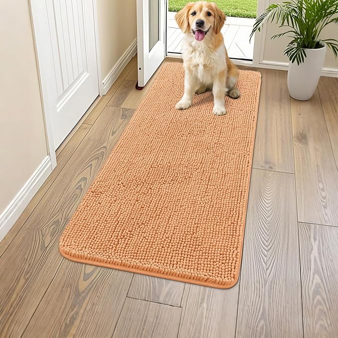 Smiry Dog Door Mat for Muddy Paws 47x24, Absorbs Moisture and Dirt Doormat, Non-Slip Washable Quick Dry Chenille Front Door Mat Indoor Entrance, Entryway Carpet for Inside Floor, Orange