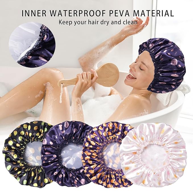 4 PCS Shower Cap for Women, Elastic and Reusable Bath Caps, Double Layers Shower Caps Reusable Waterproof, Bathing Shower Caps, Environmental Bath Hair Protection Cap - Ginkgo Leaf