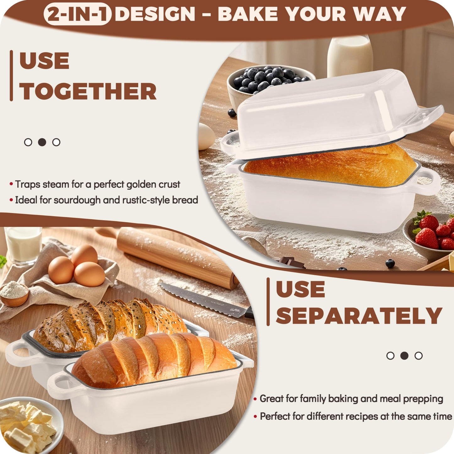 Articasting Cast Iron Bread Loaf Pan with Lid, Loaf Pans for Baking Bread 9x5, Enameled Bread Pans for Homemade Bread, Sourdough, Set of 2 (Cream White)