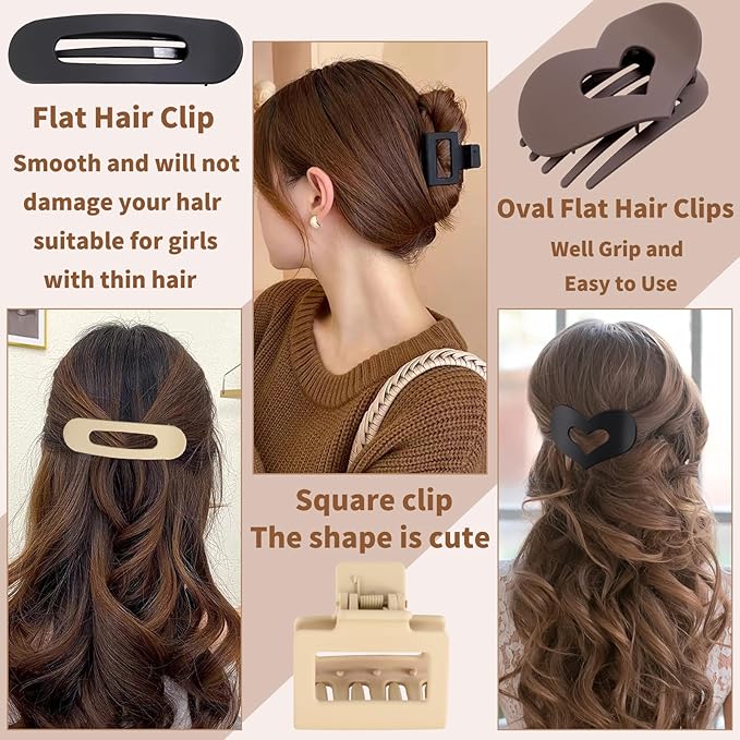12 Pack Flat Hair Clips for Women-3 Styles Matte Neutral Flat Claw Clips, Black, Blonde,Light Brown & Dark Brown, French Duckbill Styling Accessories (Matte Neutral-3)