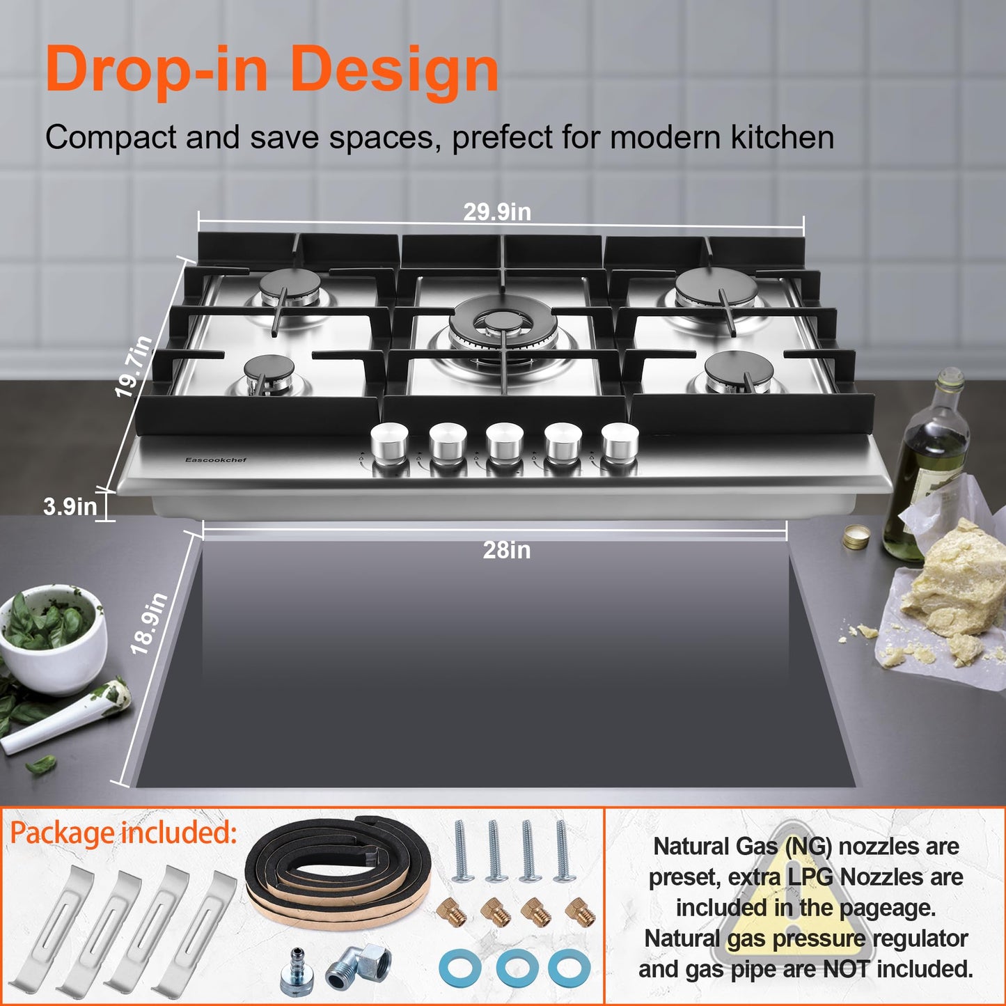 Eascookchef 30 inch Gas Cooktop, Gas Stove Top with 5 High Efficiency Burners, Bulit-in Stainless Steel Propane Cooktop for Kitchen, NG/LPG Convertible Stovetop, Thermocouple Protection