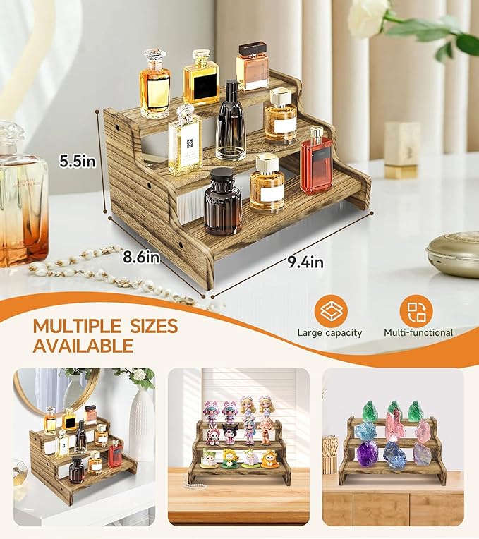 Wooden Cologne Organizer for Men, Perfume Organizer Stand, Cologne Stand with Anti-Slip Washers, Wooden Display Risers Stand for Dessert, Cupcake, Charcoal-Grilled, 3-tier-9.4in