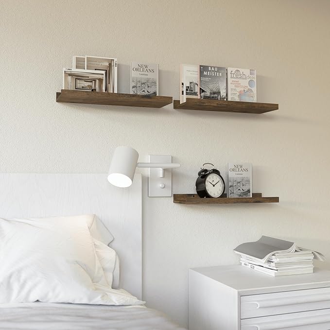RICHER HOUSE 3 Set Floating Shelves for Wall Decor, 16 inches Wall Mounted Book Shelf, Nursery Shelves Picture Ledge Shelf with Lip for Storage, Bedroom, Living Room, Bathroom - Brown