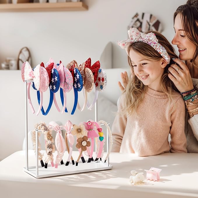 Headband Holder Organizer Metal 2-Tier with Tray: Hair Accessories Display Stand Storage Hairband Rack Necklace Stand Home Bedroom for Girls Women, White