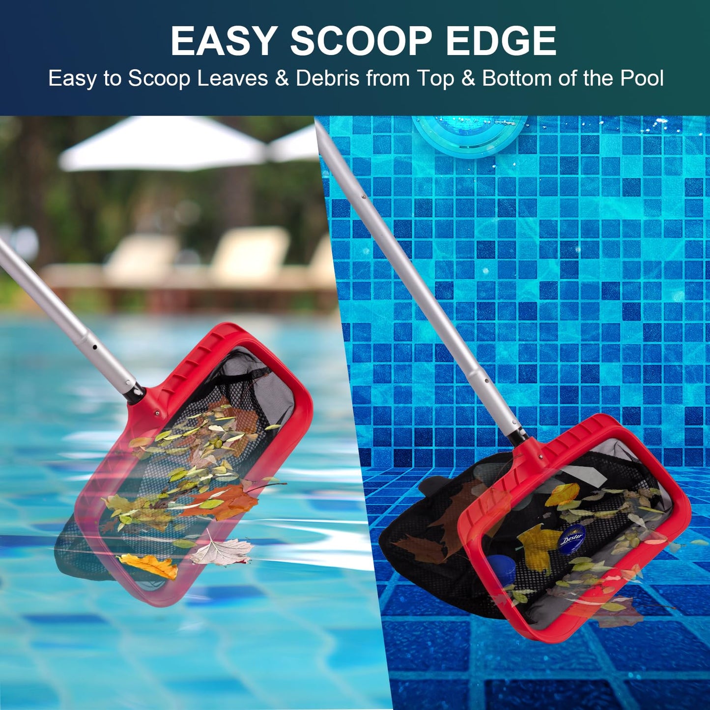 urchindj Pool Skimmer Net, Upgraded Pool Net Skimmer with Double-Layer Netting Bag, Larger Capacity Pool Nets for Cleaning Finest Debris, Thickened Frame Pool Leaf Net Reinforced with Grid Structure
