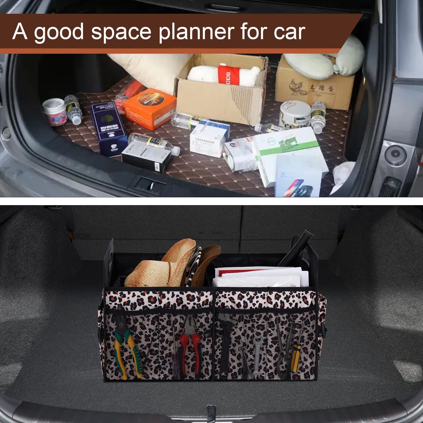 Femuar Car Trunk Organizer, Large Capacity Collapsible Trunk Storage with 11 Pockets, Waterproof, Non-Slip, Suitable for Car, SUV, Truck, Van, Jeep, Sedan, Leopard Print