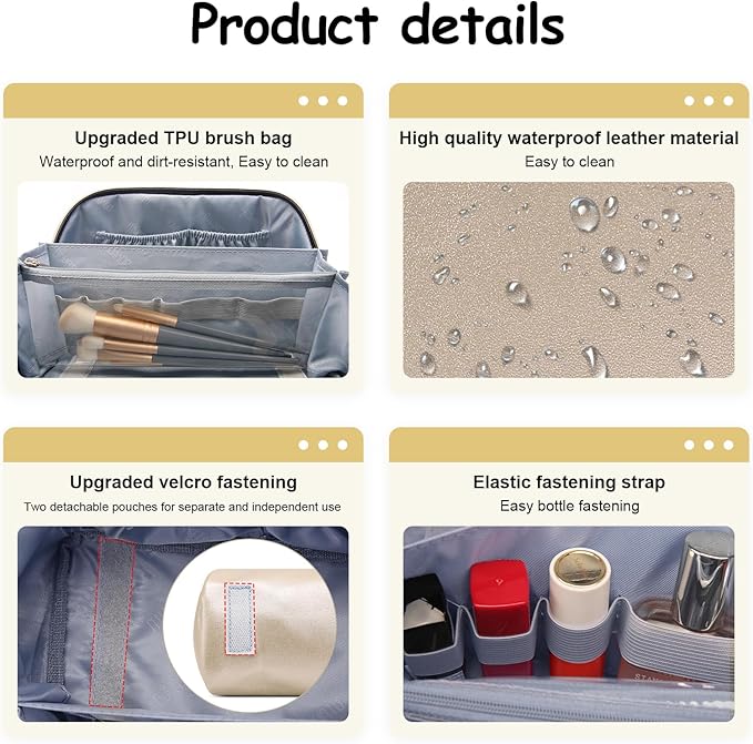 BOYATU Travel Makeup Bag Organizer Cosmetic Bag: 3 Pcs Set Make up Bags for Women with Handle - Waterproof Vegan Leather Toiletry Bags Travel Essentials Pouch with Compartments (C-07-Gold)