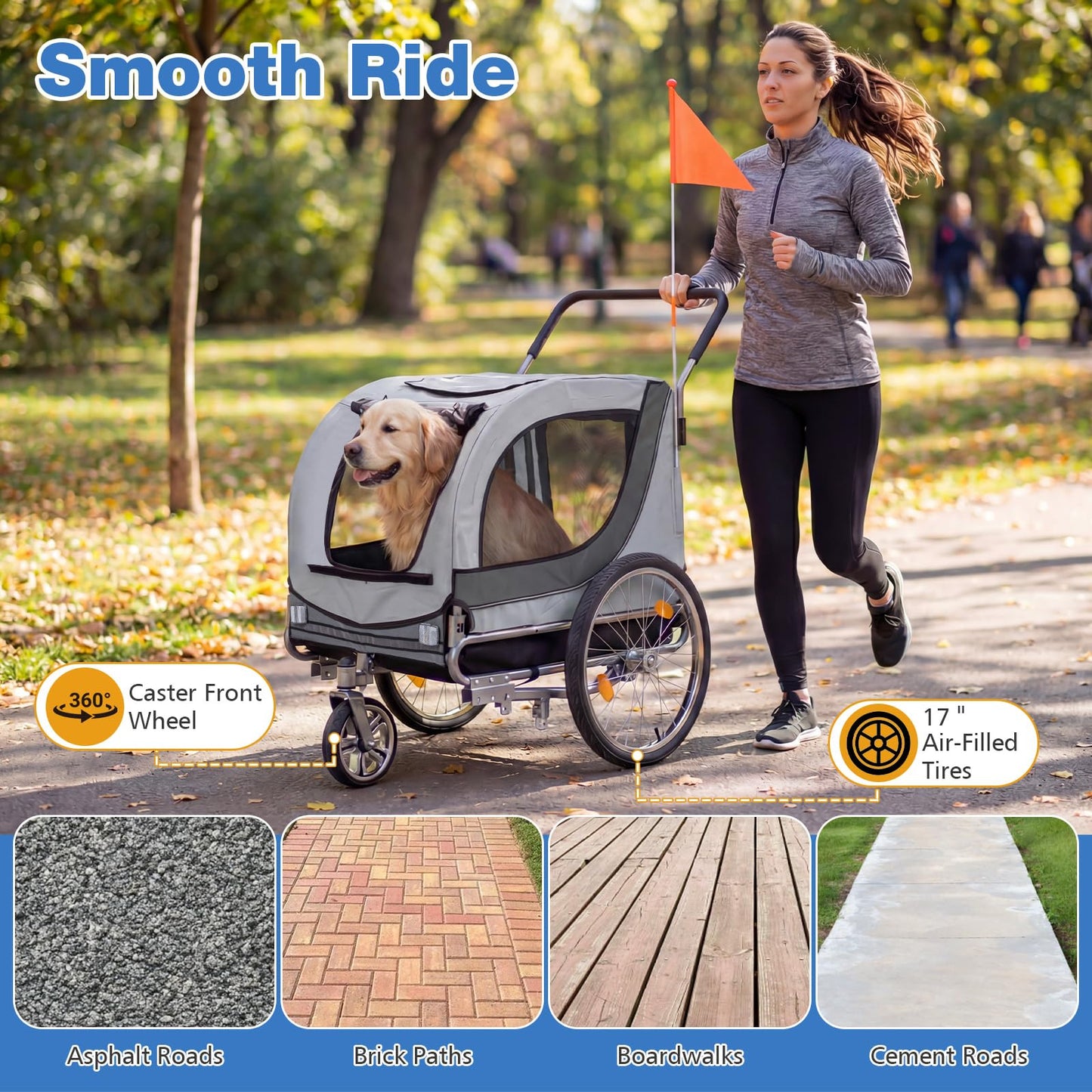 Giantex 2-in-1 Dog Bike Trailer & Pet Stroller for Large Dogs – Foldable Pet Carrier Cart with Front Caster & 2 Air-Filled Tires, Breathable Mesh, PVC Rain Cover, 176 lbs Capacity (Light Gray)