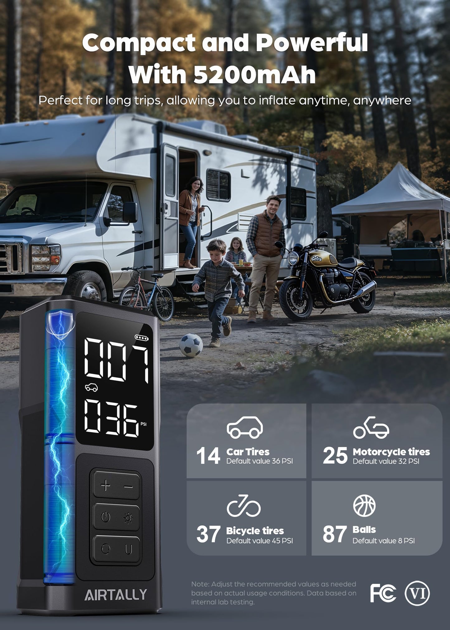 Tire Inflator Portable Air Compressor - 5200mAh 150PSI Quickly Inflate Portable Air Pump for Car Tires/Bike/Basketball with LED Large Dual Screen, Pressure Gauge & Auto Shut-Off