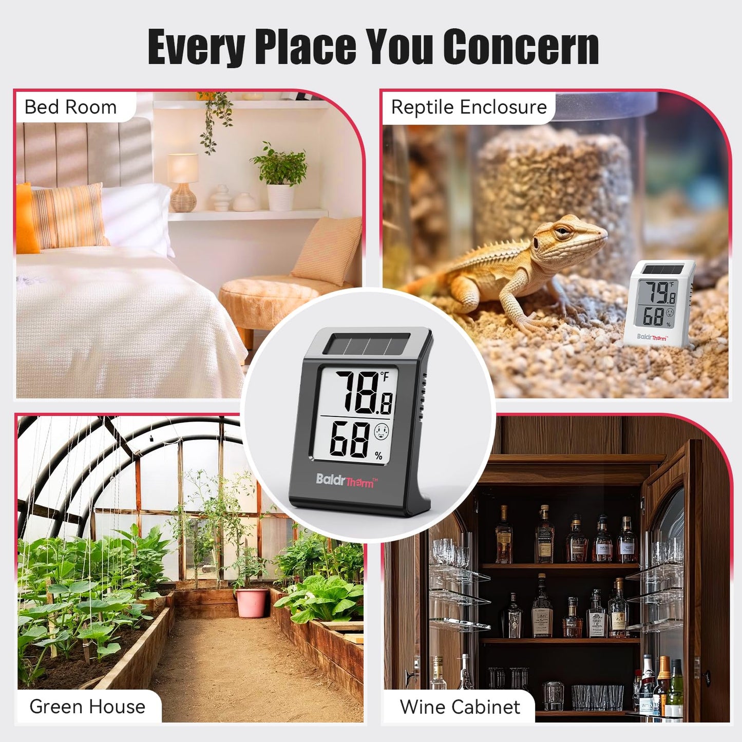 BaldrTherm Humidity Meter Hygrometer, Solar-Powered Room Thermometer Indoor Digital Temperature Sensor Monitor, 2.2''Humidity Gauge for Baby Rooms, Home, Office, 3Pack, Black