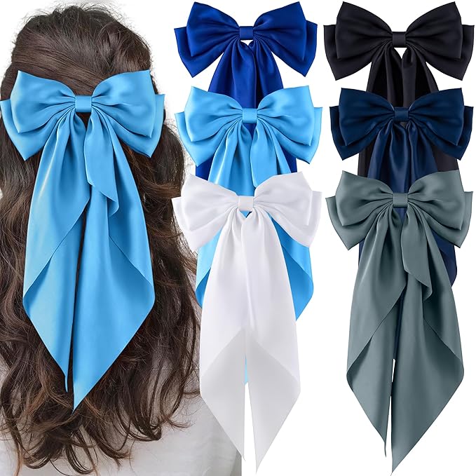 6Pcs Large Bows Hair Clips for Women Girls Long Tail Hair Ribbon Silky Satin Barrettes Coquette Bows Accessories (Black/Skyblue/White/Navyblue/Bluegrey/Royalblue)
