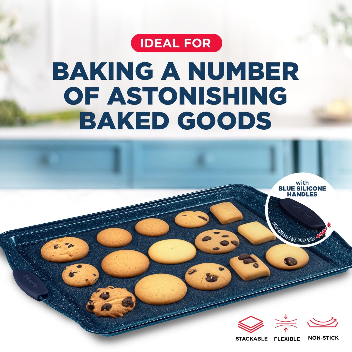 BAKKEN Kitchen Baking Pan Set - Nonstick Coating, Carbon Steel Bakeware Sets with Blue Silicone Handles, Baking Kitchen Essentials, PFOA, PFOS, PTFE Free, Oven Safe Tray (Up To 450° F), Set of 3