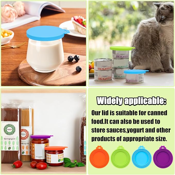 PINE & LINEN 4 Pcs Durable Pet Can Lids,One fit 3 Standard Size Silicone Waterproof Cat Food Cans Lids for 3oz/5.5oz/12.5oz/13.2oz Cat Food Cans（Sky Blue+Orange+Purple+Green）