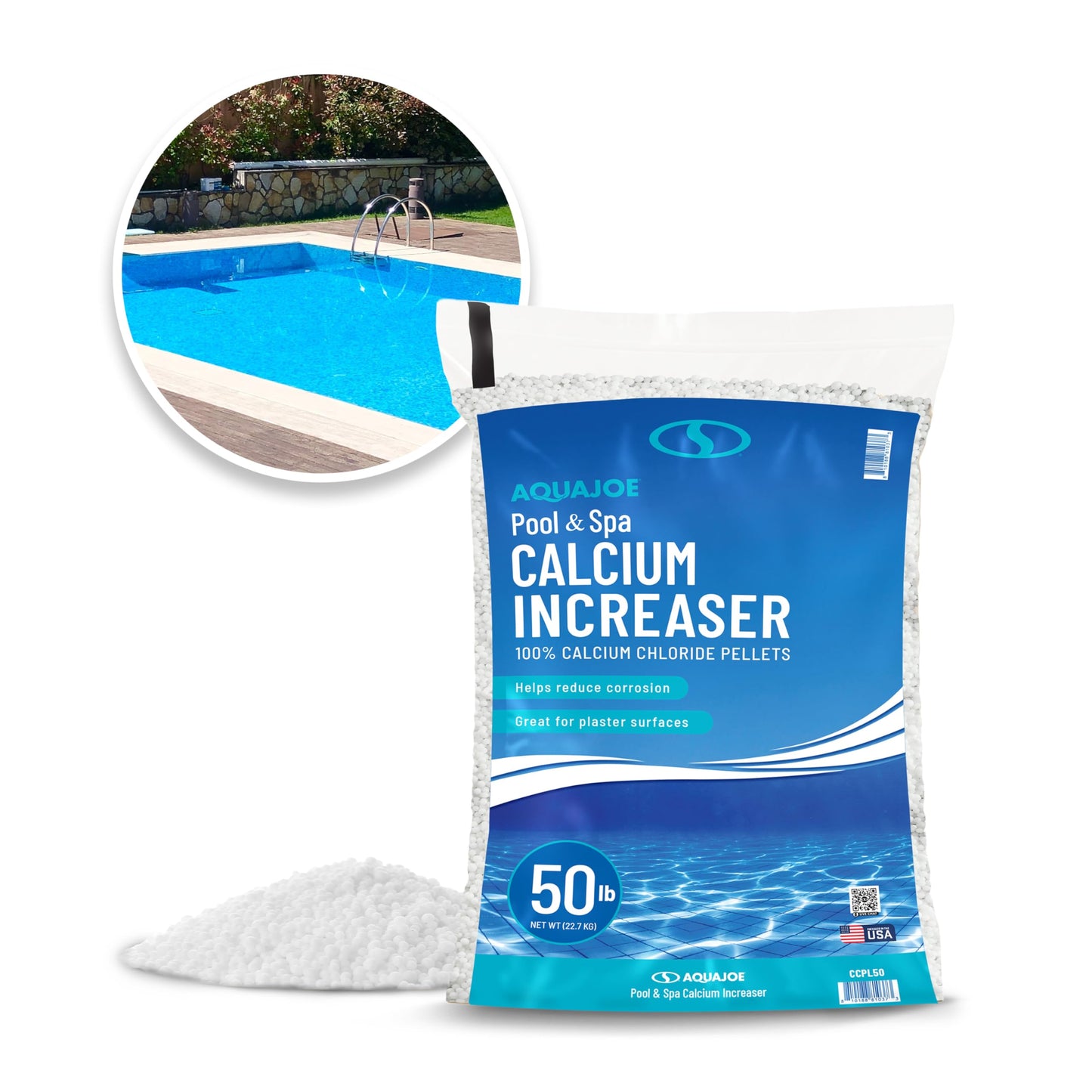 Aqua Joe Pool & Spa Calcium Chloride Pellets, 50 lb Bag – Calcium Hardness Increaser for Above & In-Ground Pools + Fast-Acting Ice Melt, CCPL50