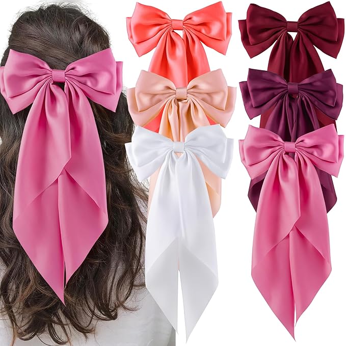 6Pcs Large Bows Hair Clips for Women Girls Long Tail Hair Ribbon Silky Satin Barrettes Coquette Bows Accessories (Pink/Peach/Wine Red/White/Black)