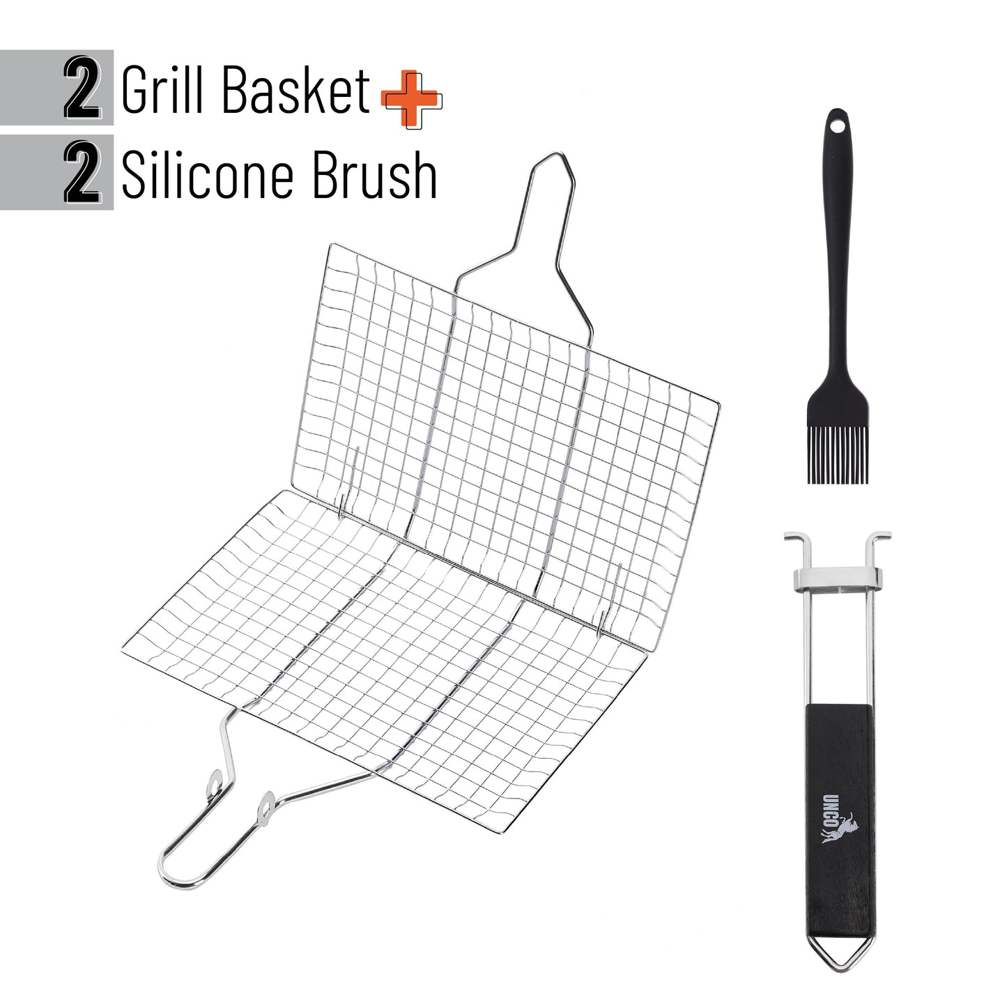 UNCO- Fish Grilling Basket, 2 Sets, Folding Portable Stainless Steel BBQ Grill Basket with Removable Handle and Silicon Basting Brush for Fish, Vegetables, Shrimp, Gifts for Dad, Husband & Friend