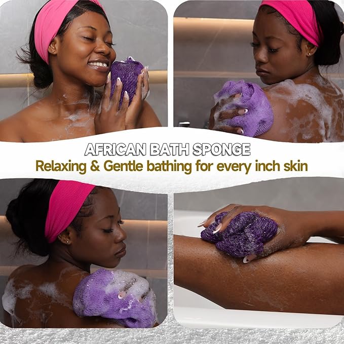 SubSahara Authentic African Net Sponge - 2 Pack Exfoliating Bath & Shower Loofah Sponge for Body & Face, Gentle Scrubber for All Skin Types, Travel, Durable (Deep Purple & Iavender Purple)