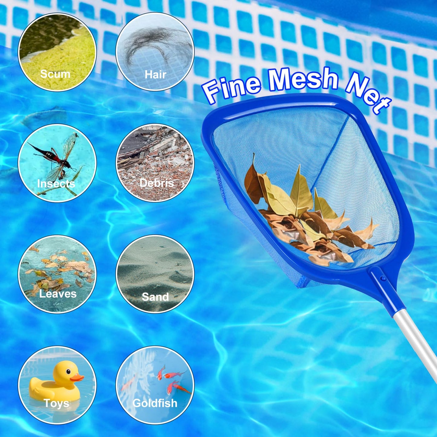 ROMIVO Hot Tub Pool Skimmer Net with Pole for Above Ground Inground Pool, Fine Mesh Pool Net Skimmer for Hot Tub Spa Fountain Pond, Pool Nets for Cleaning Length 31.7'' to 5.7 FT