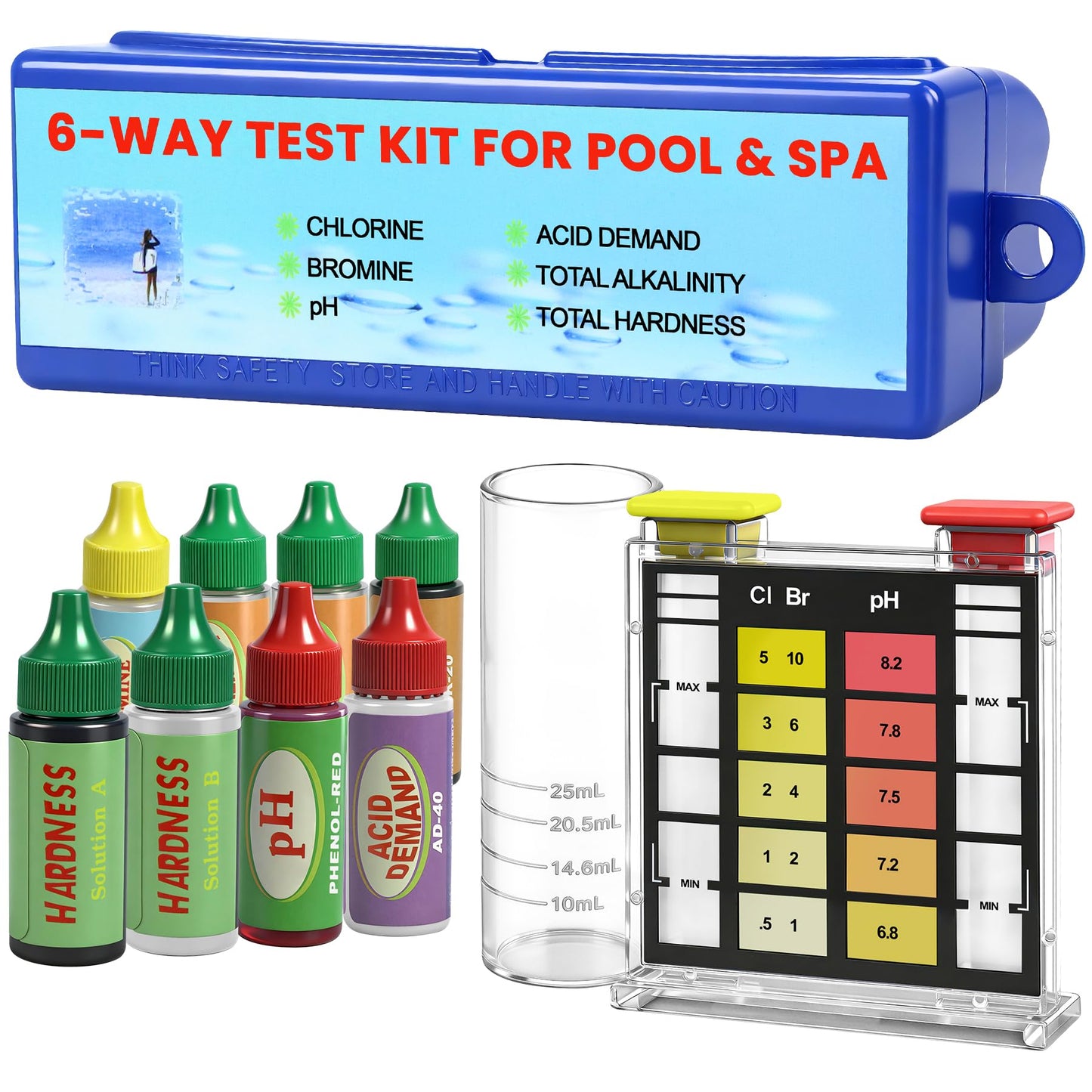 PRAXXIS 6-Way Pool Water Testing Kit, Pool Test Kit for Inground Above Ground Pool, Pool Water Chemical Test Kit for Chlorine,Bromine,pH, Acid Demand, Alkalinity, Hardness For Quick & Accurate Testing
