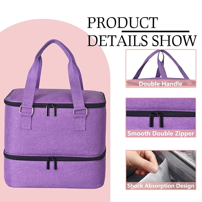 Nail Polish Organizer Case - Holds 42+ Bottles (15ml/0.5 fl.oz) and 1 Nail Lamp, Upgraded Double-layer Nail Polish Carrying Case Nail Polish Storage Bag with Handles (Purple)