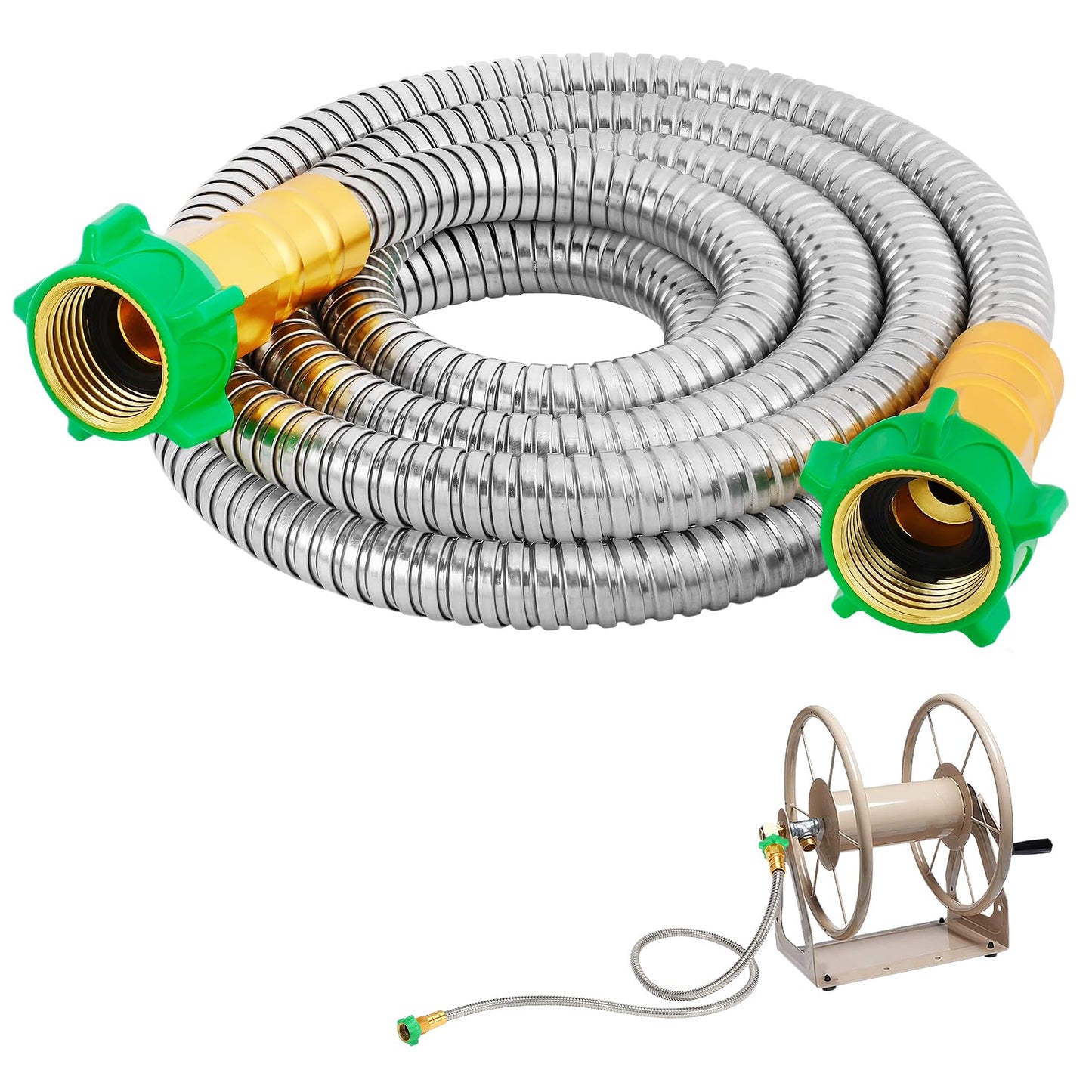 Female to Female Leader Hose for Hoses Reel, 10ft Metal Leakproof Short Garden Hose Connector, Heavy Duty 304 Stainless Steel Flexible Water Pipe for Outdoor Garden Watering Car Pet Cleaning