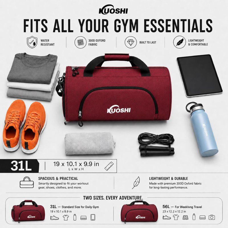 KUOSHI Men's Gym Bag with Shoe Compartment - Sport Duffle Bag for Men & Women, Water Resistant Travel Bag with Wet Pocket, Small Weekender Overnight Bag, Workout Bag with Luggage Sleeve-56L Red