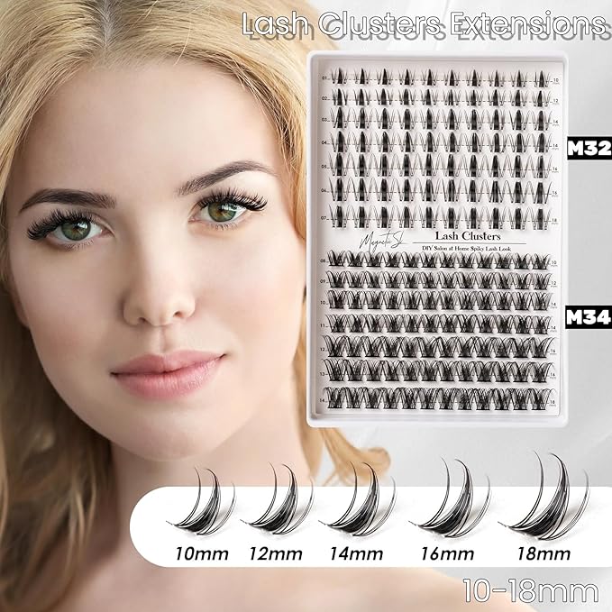 Lash Clusters 154pcs Manga Lash Extension Kit Curly 10-18mm Cluster Eyelash Extensions Natural Lash with Bond and Seal-M32+M34（Spiky+Natural）