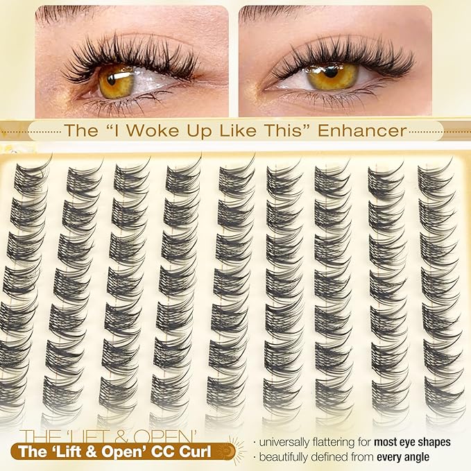 Wispy Lash Clusters 8MM Only Eyelash Extensions Natural Individual Lashes with CC Curl and Flexible Clear Band for DIY Cluster Eyelash Extensions at Home - No Makeup, Clean Makeup, Soft Glam