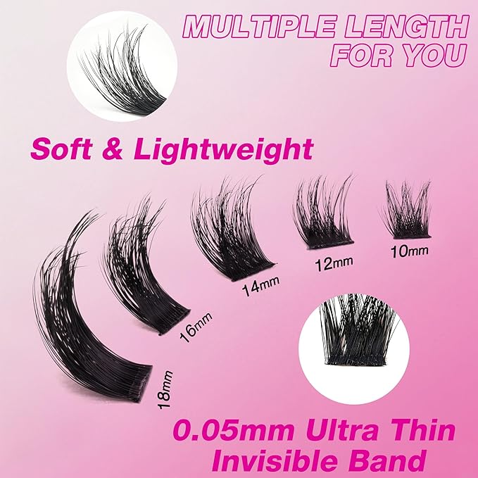 VEYESBEAUTY Lash Clusters Fluffy Individual Lash Extensions Xtreme 3D Layered Volume Eyelashes Thin & Invisible Band Wispy Faux Mink Lash Newbie's Five-Second Length 14mm