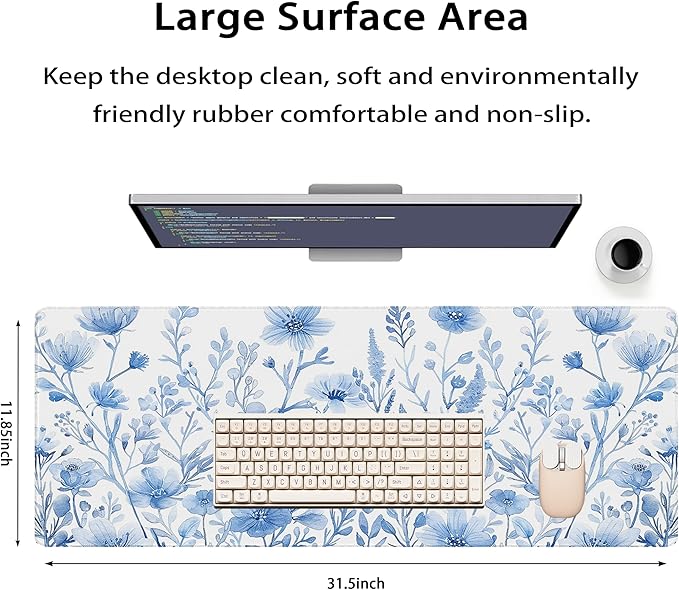31.5?€?x11.8?€?Large Gaming Mouse Pad for Desk, Mouse Mat with Seamed Edges, Waterproof Desk Pad, Non-Slip Rubber Base, Keyboard Pad Computer Mat, Big XL Mousepad- Blue and White Flower